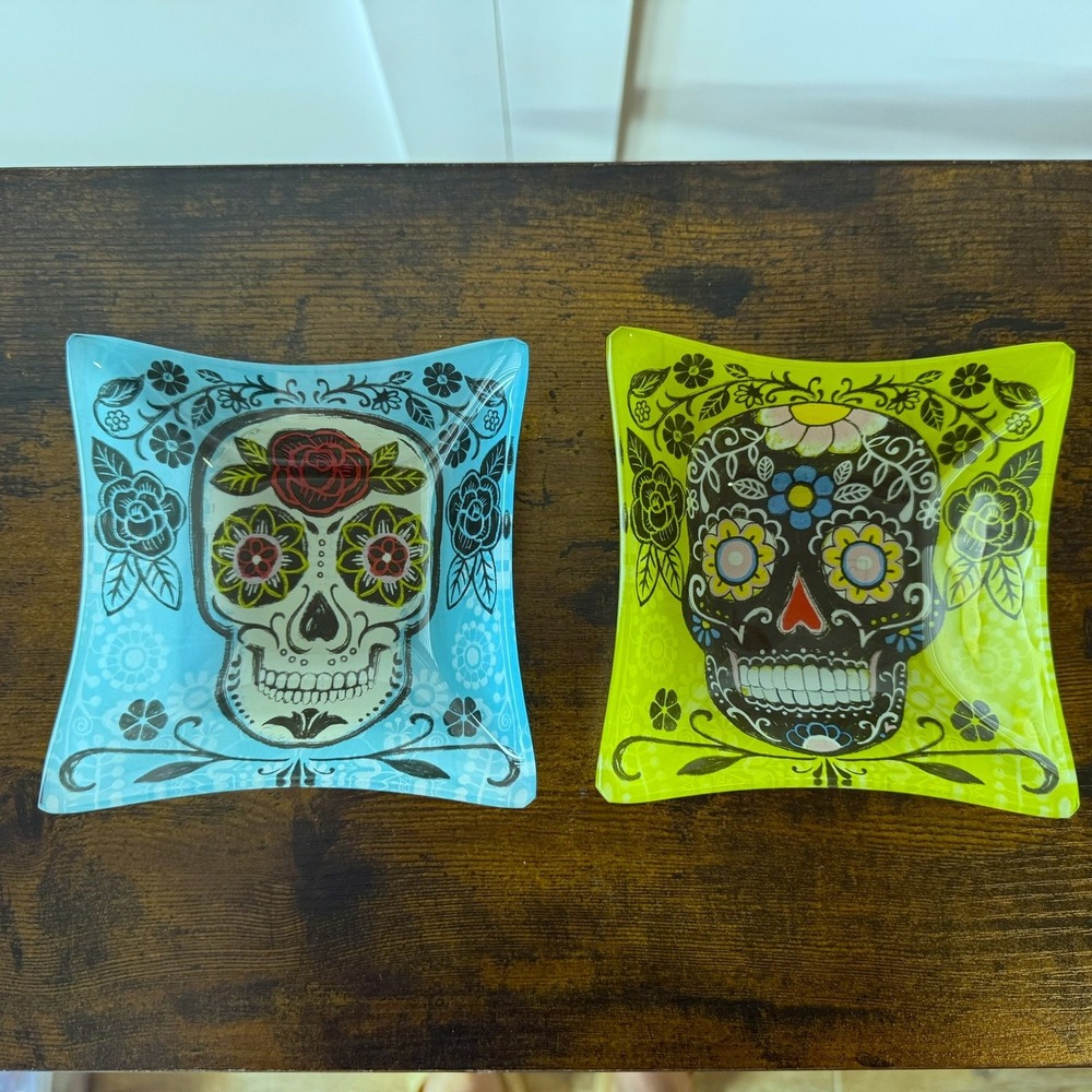 208Park Skull Day of the Dead Trays Dishes Candy‎ Bowl Catch All 2 Blue Green